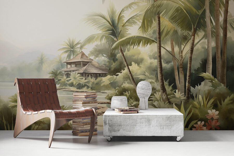 Watercolor painting of a house and palm trees Watercolor painting of a house and palm trees