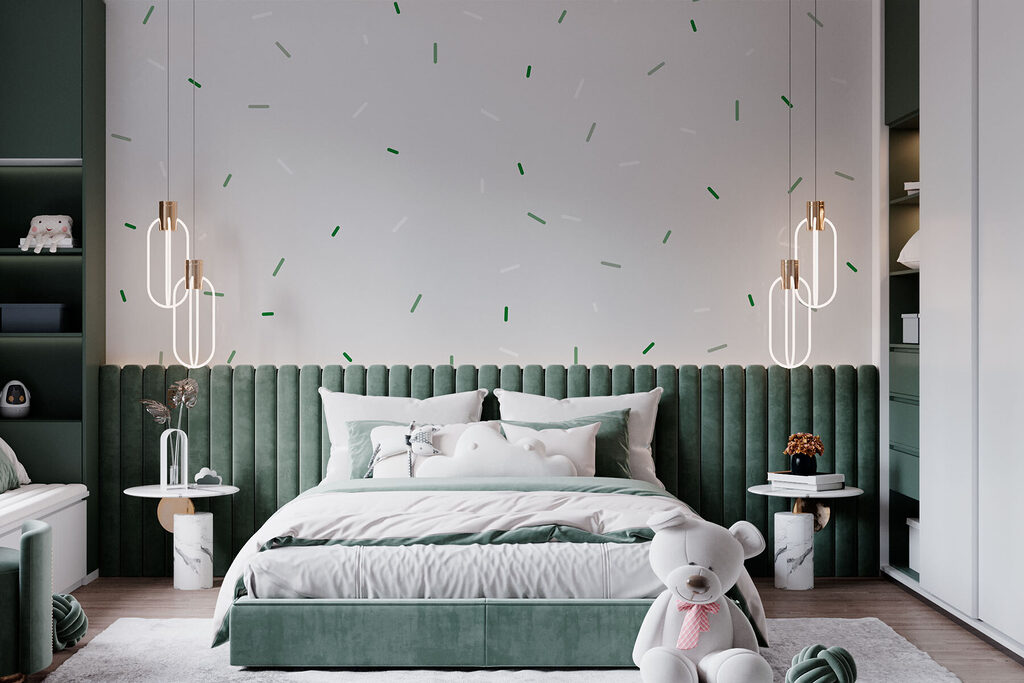 White background with green and white specks