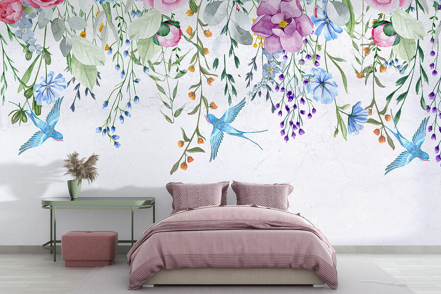 Floral border with flowers and birds