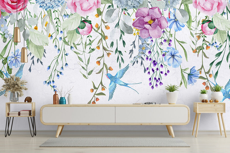 Floral border with flowers and birds