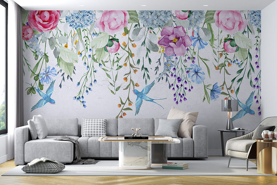 Floral border with flowers and birds
