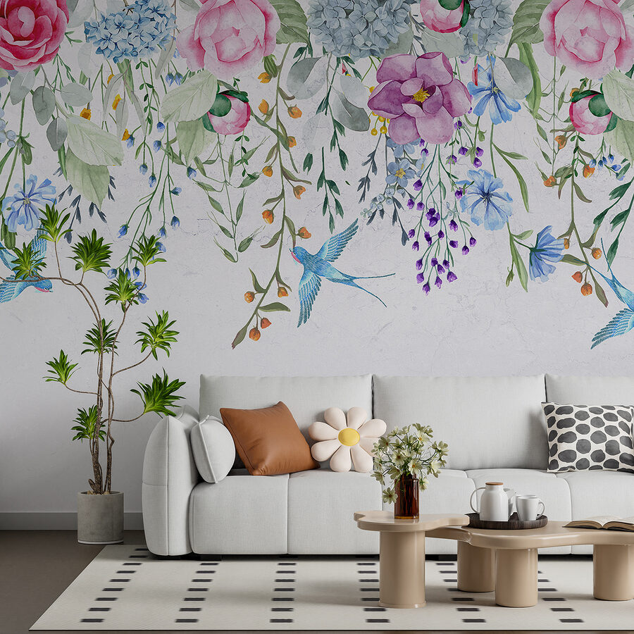 Floral border with flowers and birds