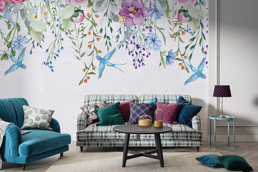 Floral border with flowers and birds
