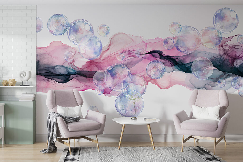 Group of bubbles in a pink and purple liquid