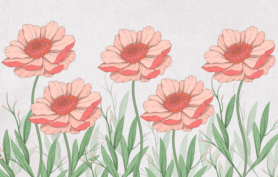 Wall murals Group of pink flowers with green leaves - Image 3
