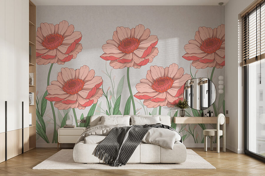 Wall murals Group of pink flowers with green leaves