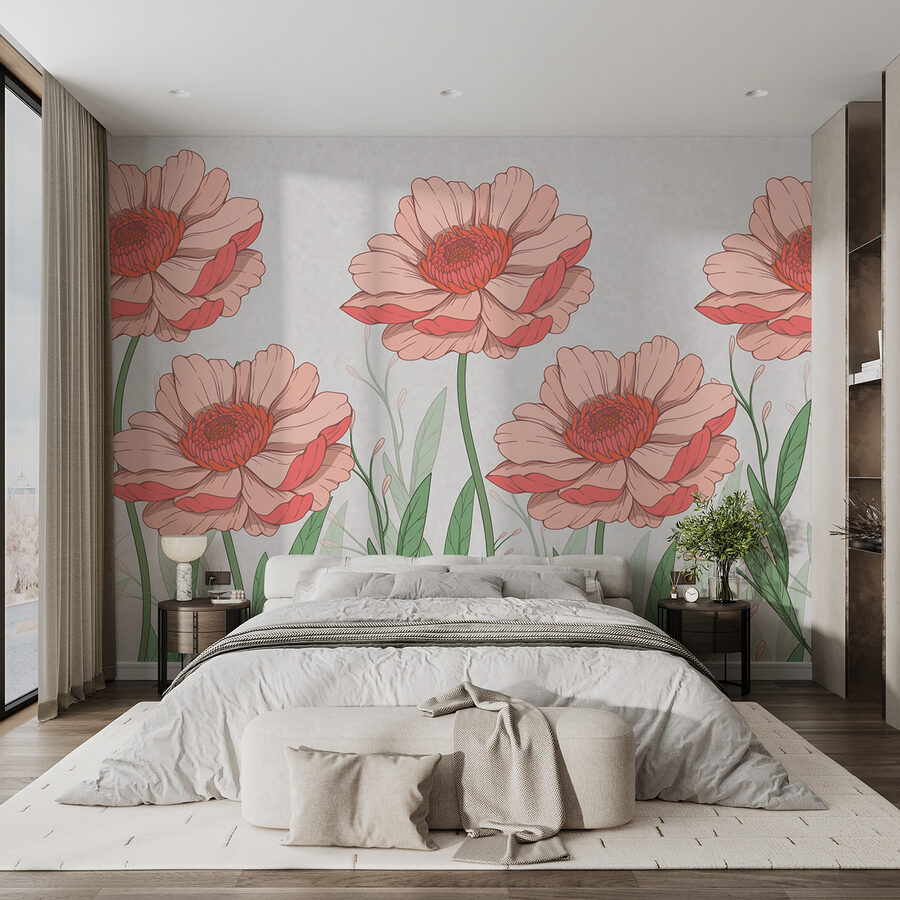 Wall murals Group of pink flowers with green leaves - Image 2