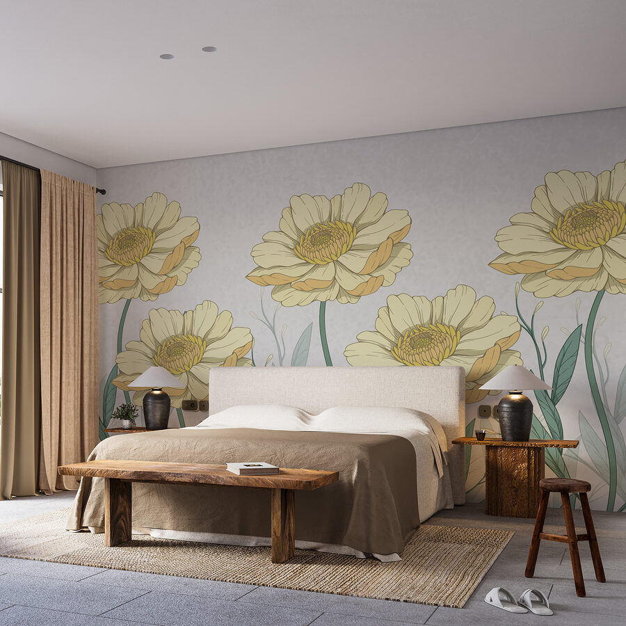 Wall murals Group of yellow flowers with green leaves