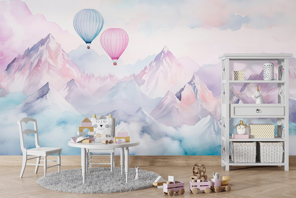 Group of hot air balloons in the sky over mountains Group of hot air balloons in the sky over mountains