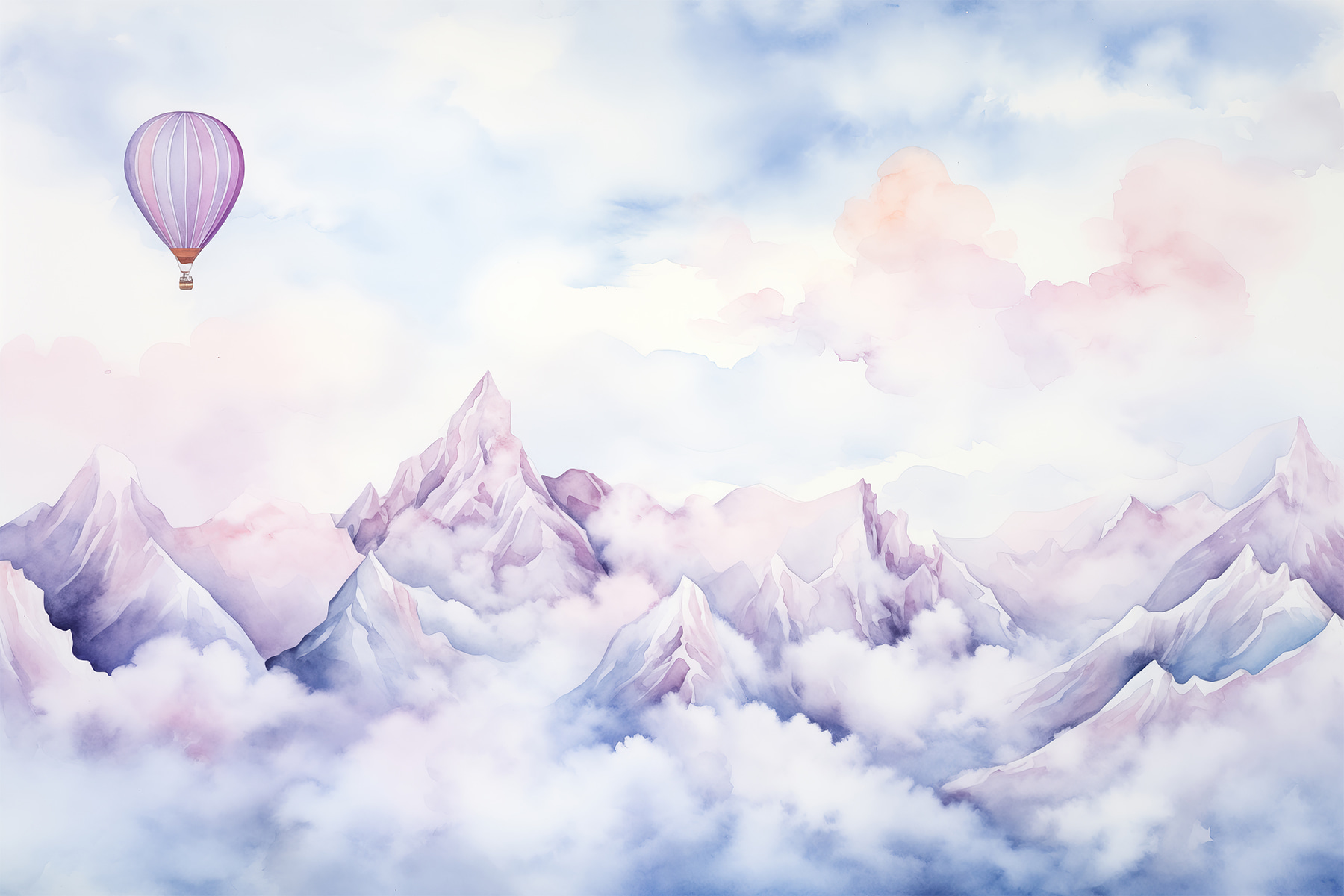 Painting of a mountain range with a balloon in the sky