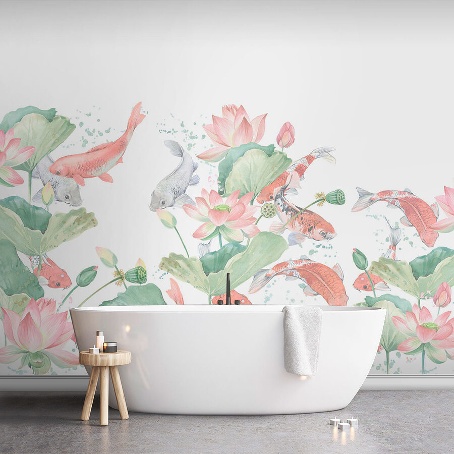 Watercolor painting of fish and flowers