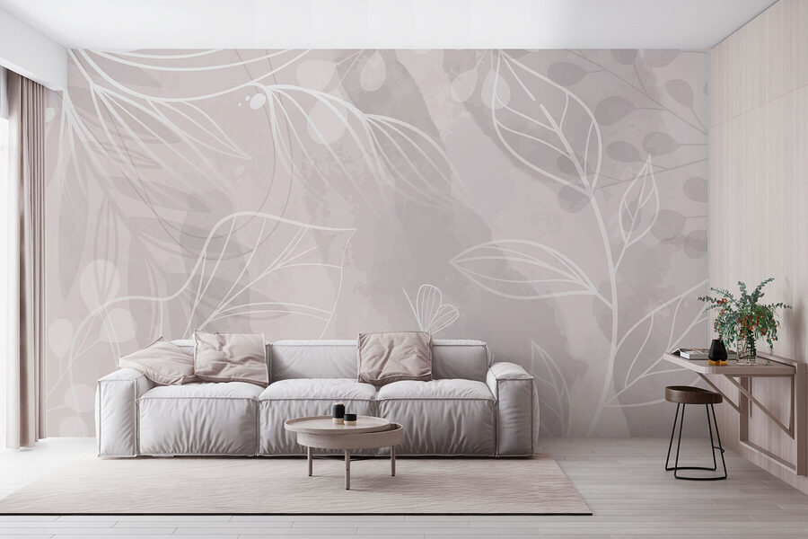 White and gray background with leaves