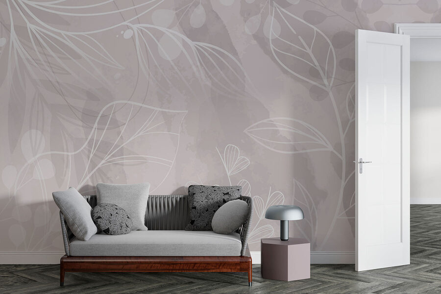 White and gray background with leaves