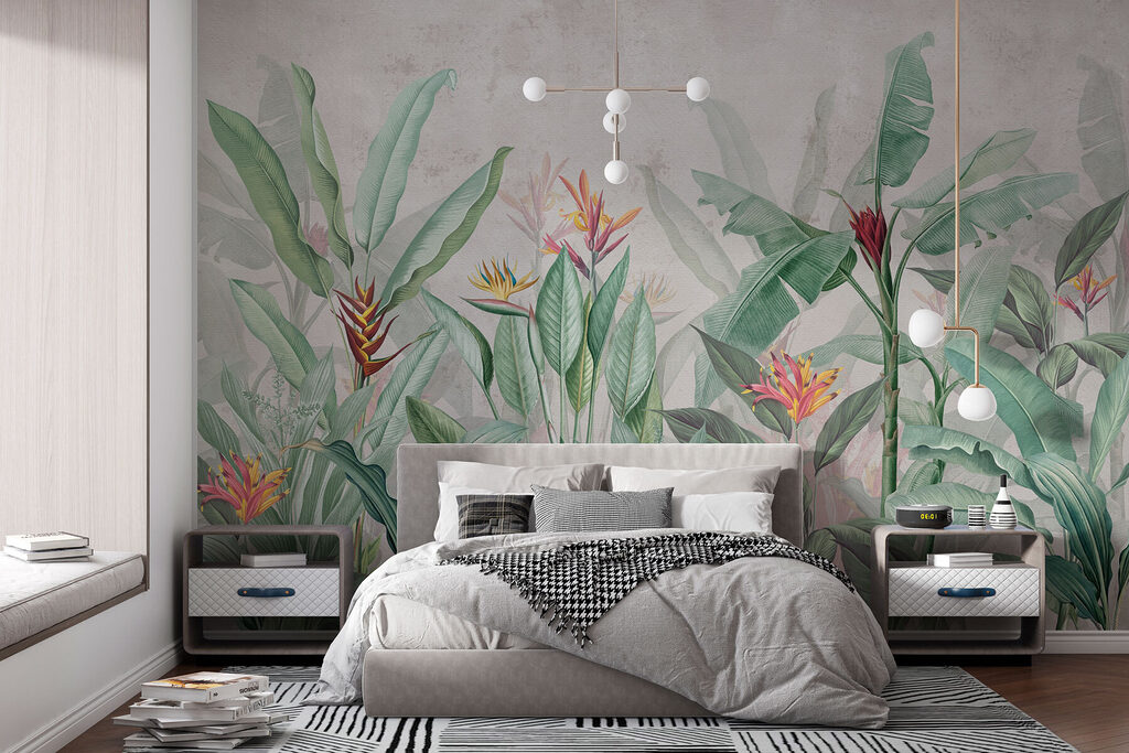 Wallpaper with a pattern of flowers and leaves