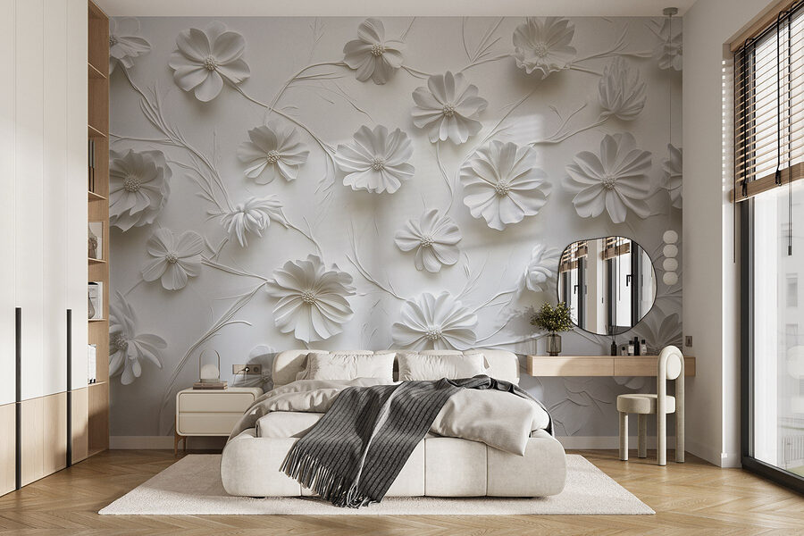 Wall murals White paper flowers on a white surface