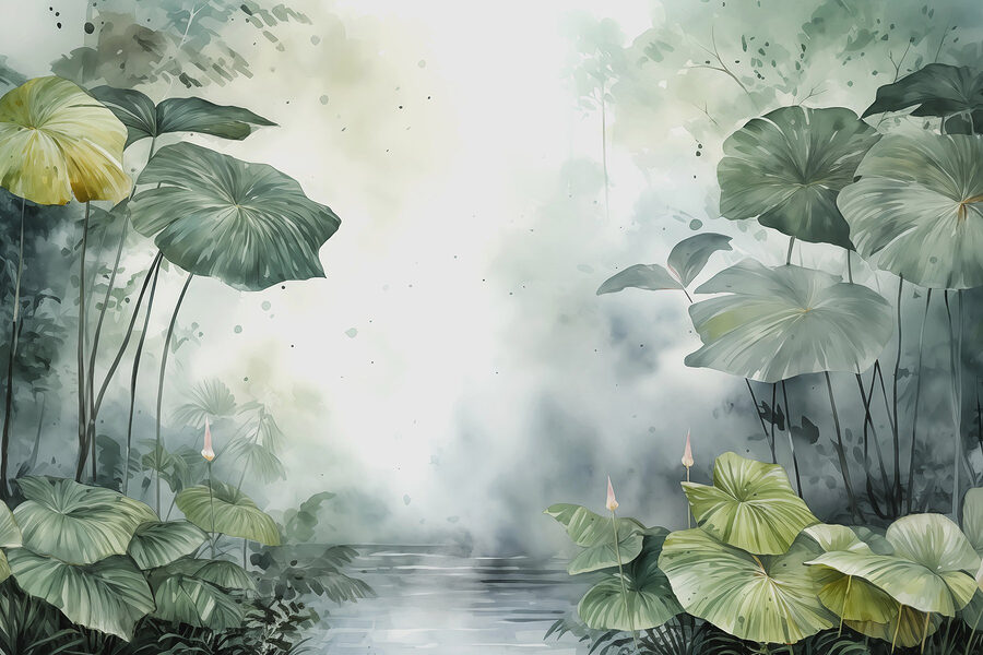Painting of a pond with plants and water