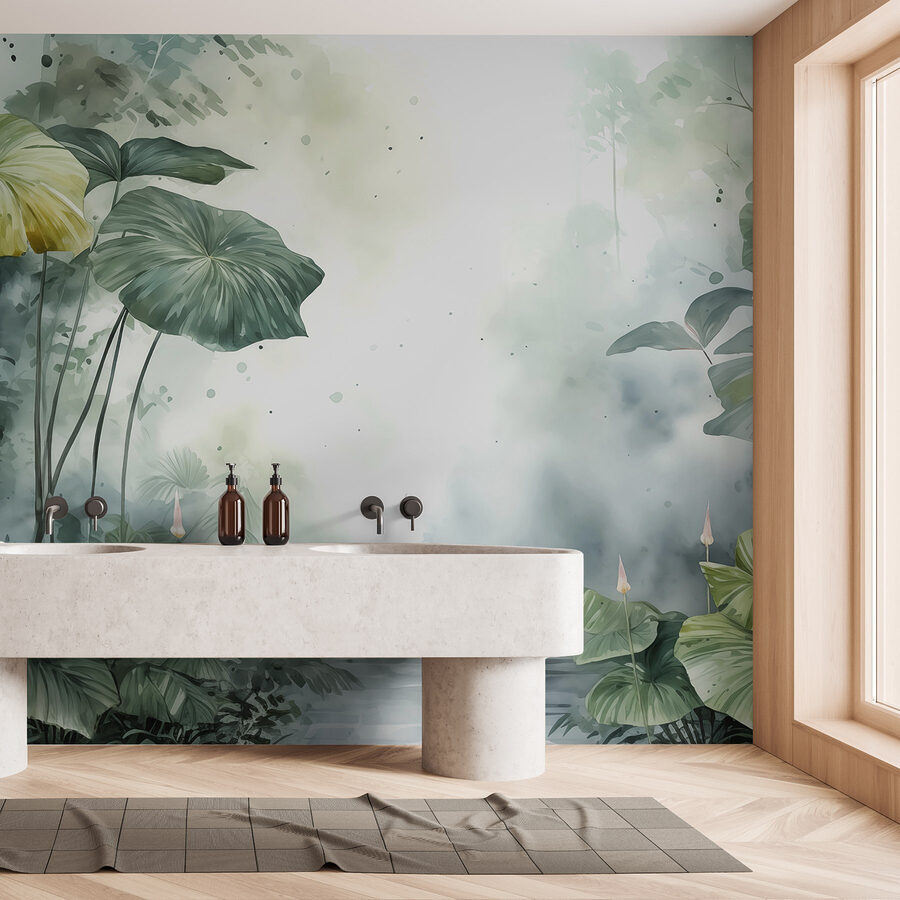Painting of a pond with plants and water