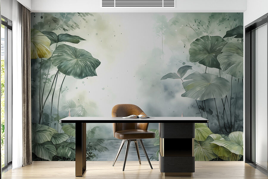 Painting of a pond with plants and water