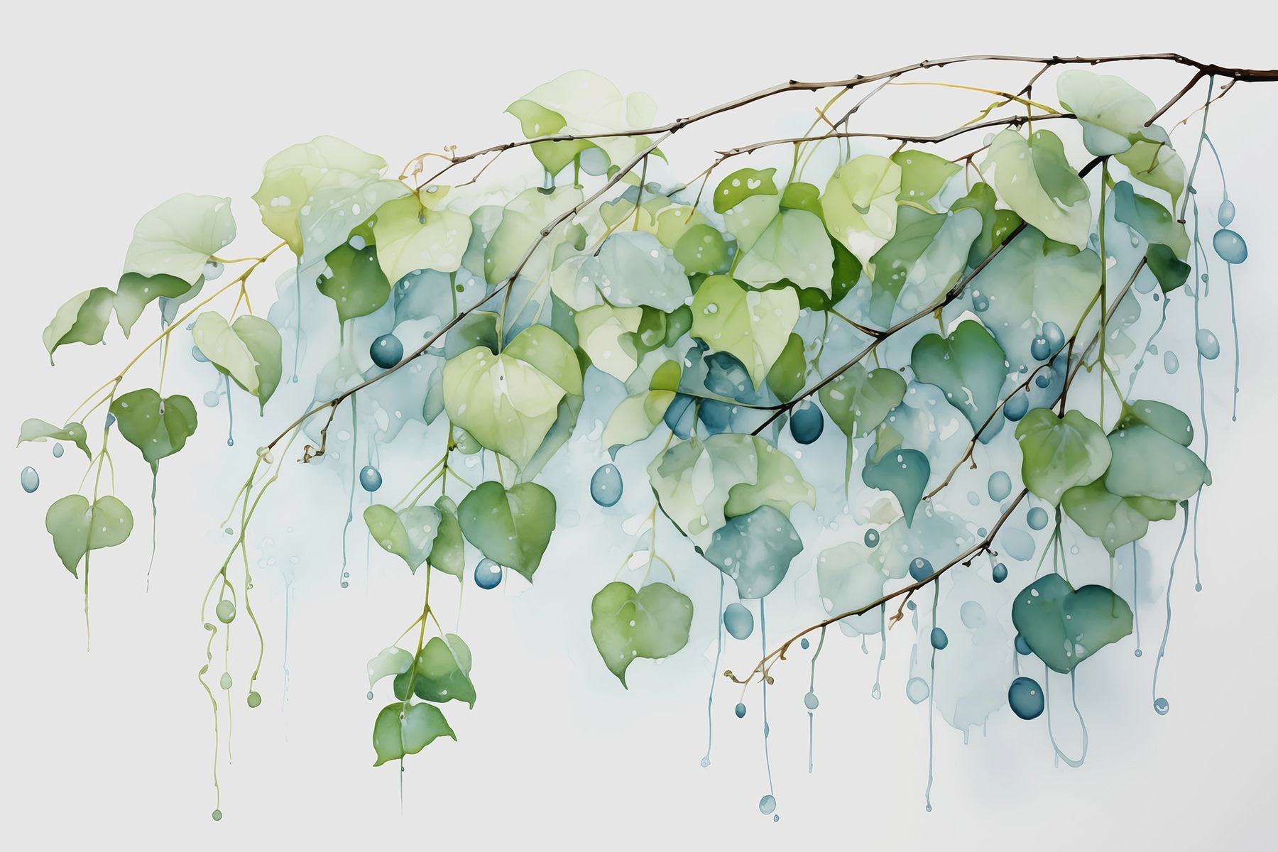 Watercolor painting of a branch with leaves and blue berries Watercolor painting of a branch with leaves and blue berries