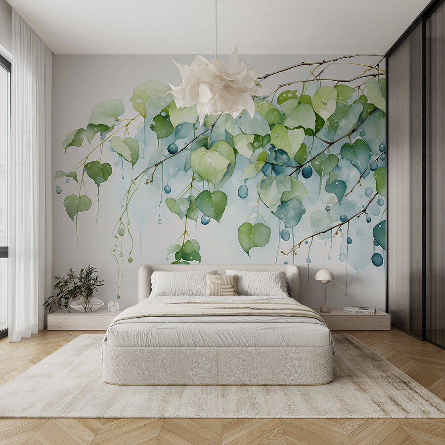 Watercolor painting of a branch with leaves and blue berries