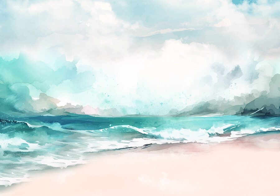 Watercolor of a beach with waves and clouds