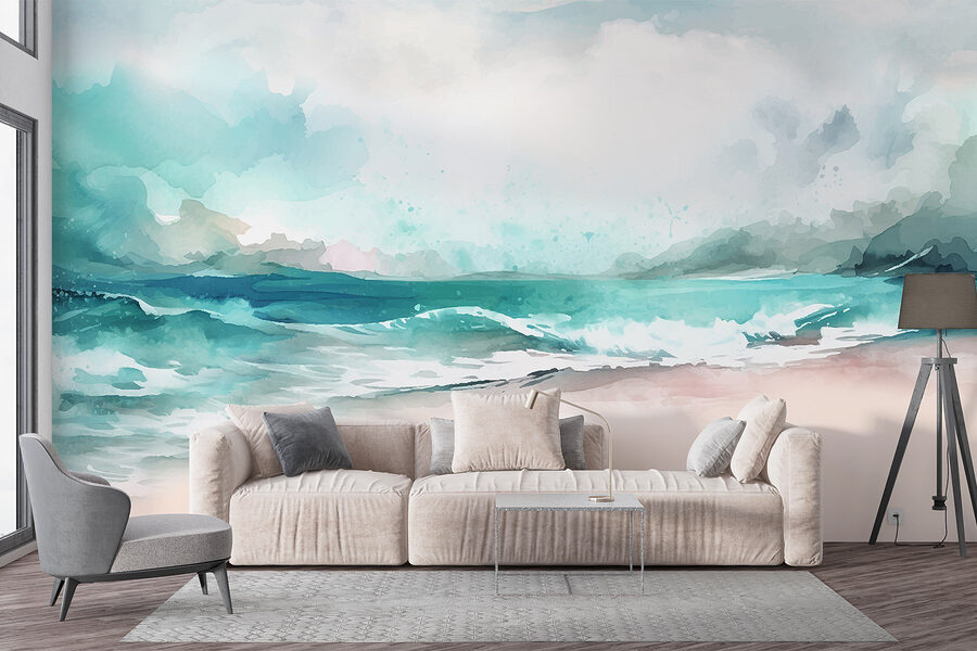 Watercolor of a beach with waves and clouds