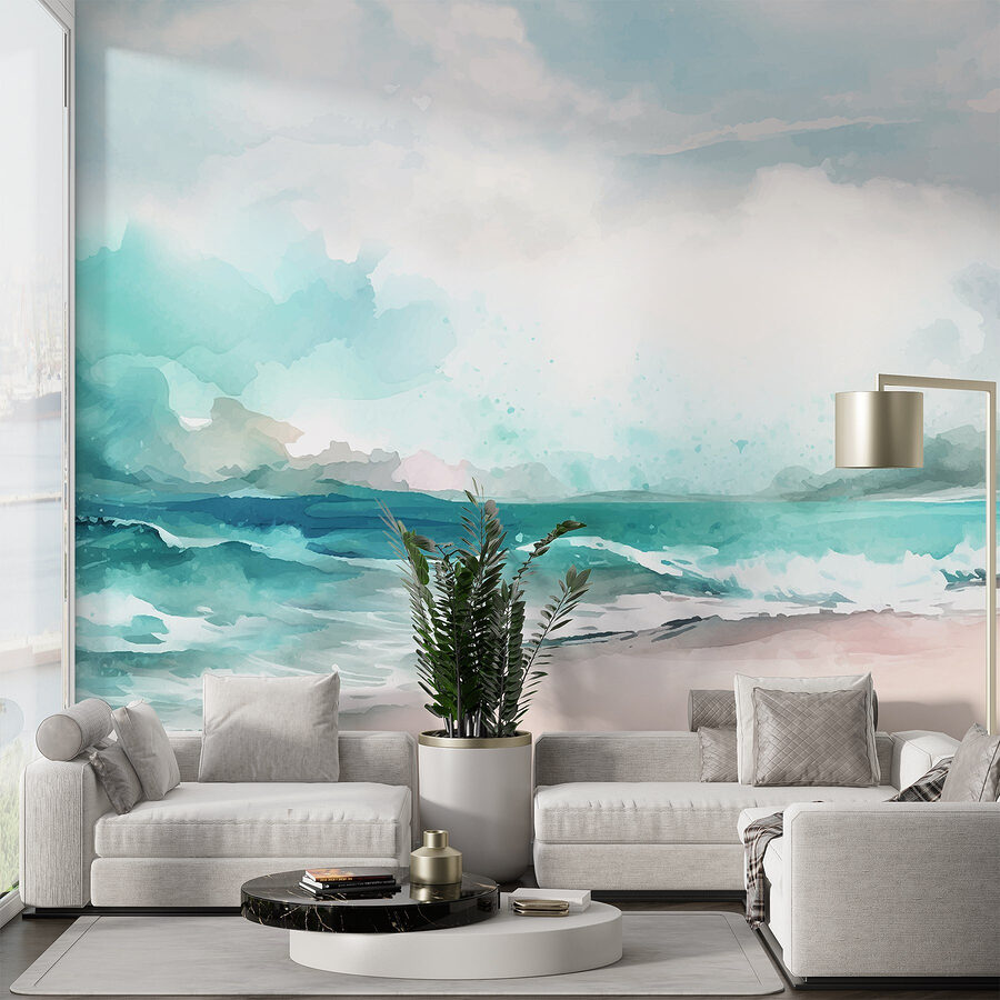 Watercolor of a beach with waves and clouds