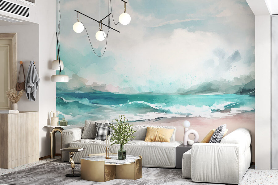 Watercolor of a beach with waves and clouds