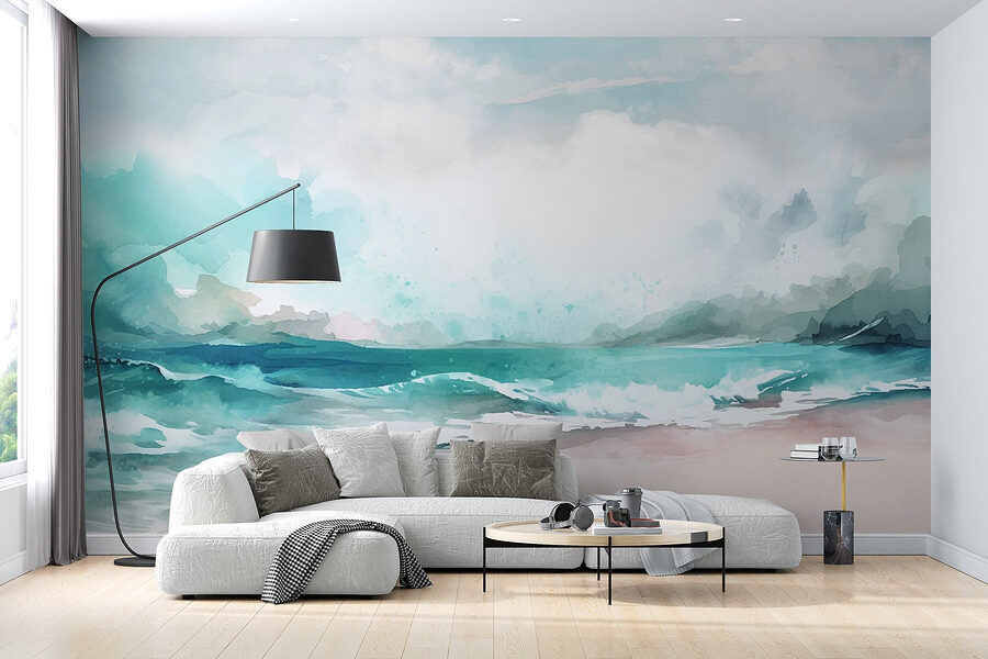 Watercolor of a beach with waves and clouds