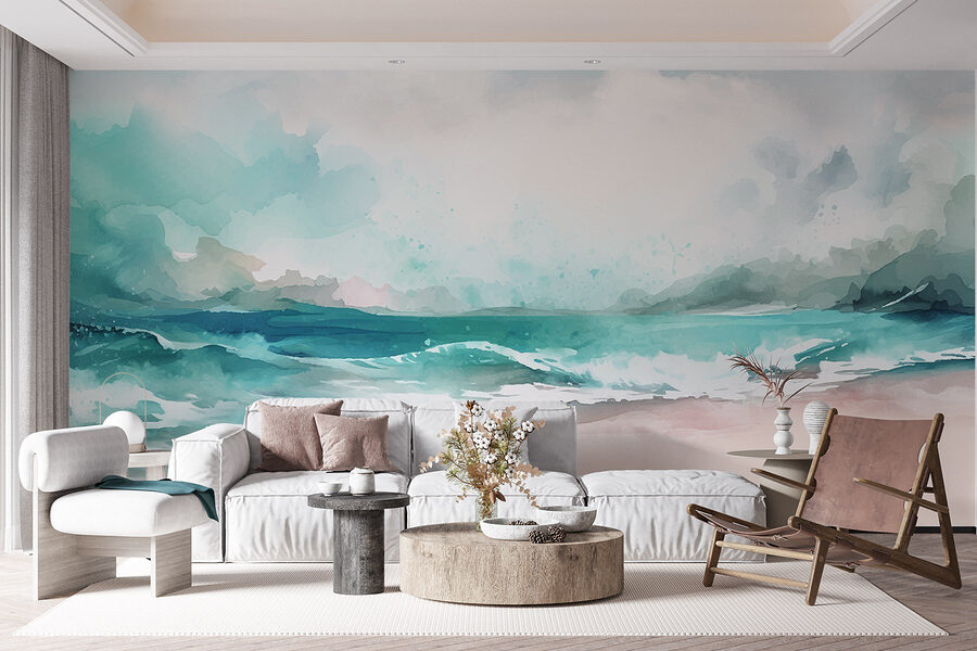 Watercolor of a beach with waves and clouds