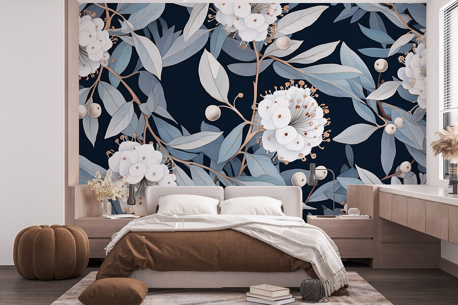 Floral pattern with white flowers and leaves