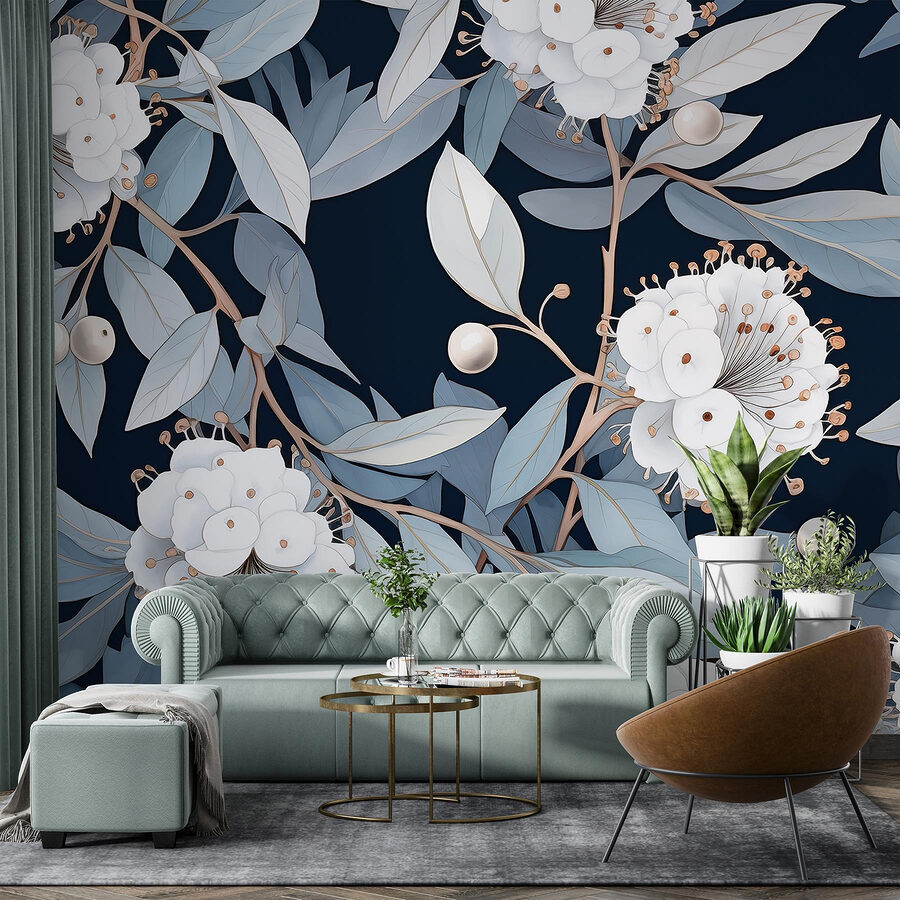 Floral pattern with white flowers and leaves
