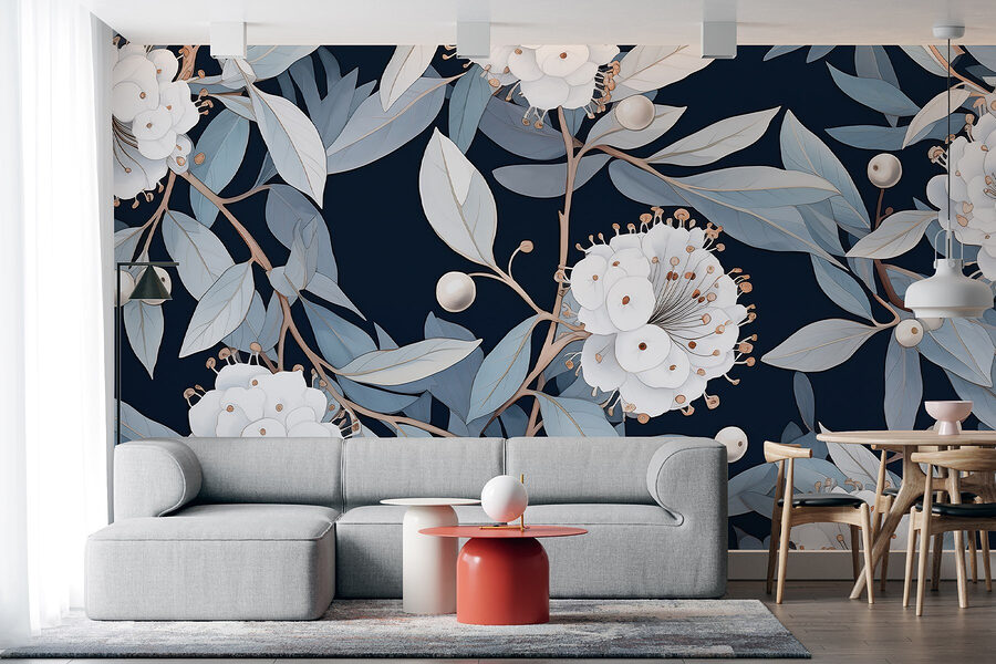 Floral pattern with white flowers and leaves