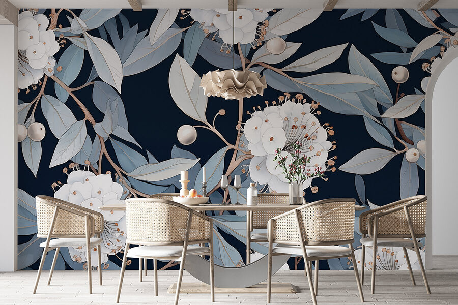 Floral pattern with white flowers and leaves