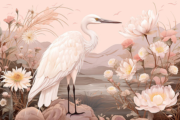 White bird standing on rocks surrounded by flowers White bird standing on rocks surrounded by flowers
