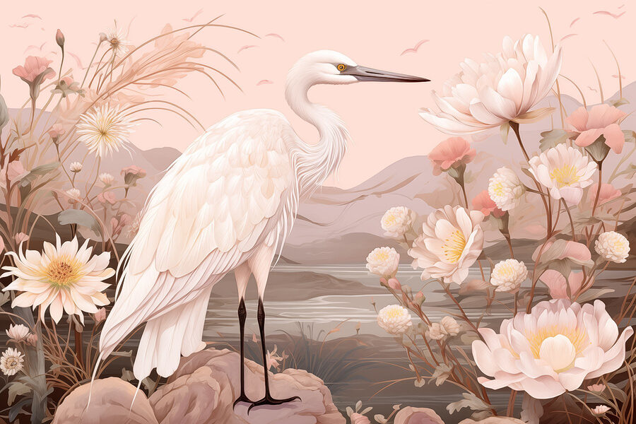 White bird standing on rocks surrounded by flowers