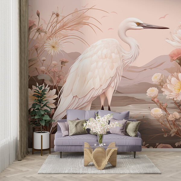 White bird standing on rocks surrounded by flowers White bird standing on rocks surrounded by flowers