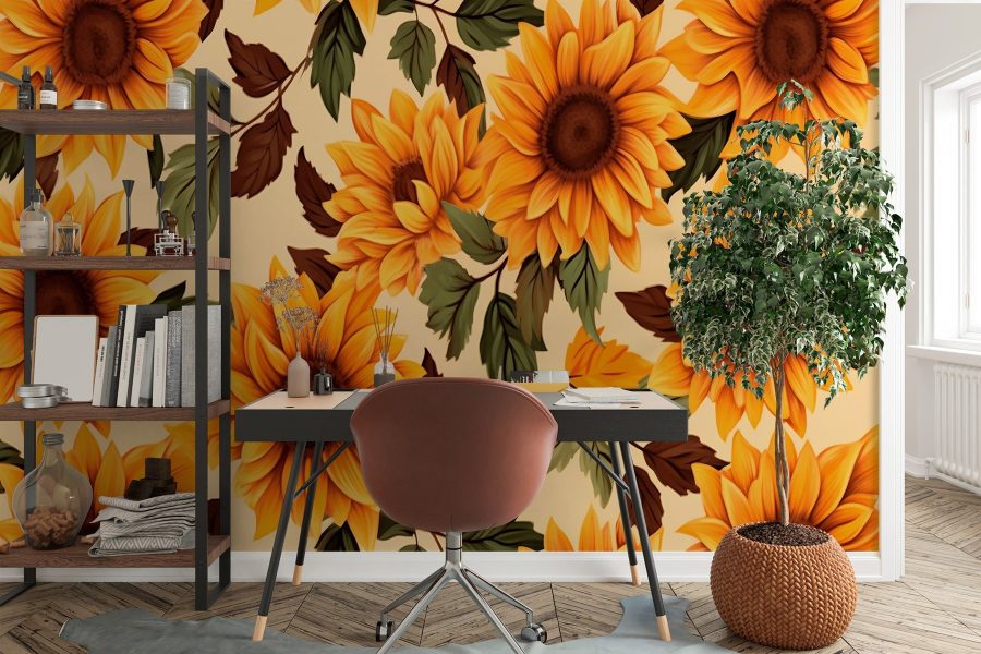Pattern of sunflowers and leaves