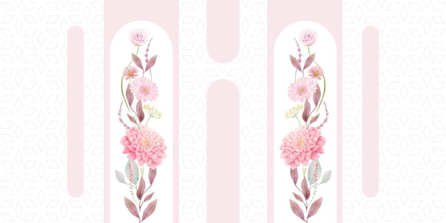Pink flowers and leaves on a white background