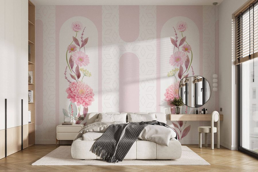 Pink flowers and leaves on a white background