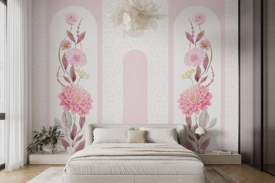 Pink flowers and leaves on a white background
