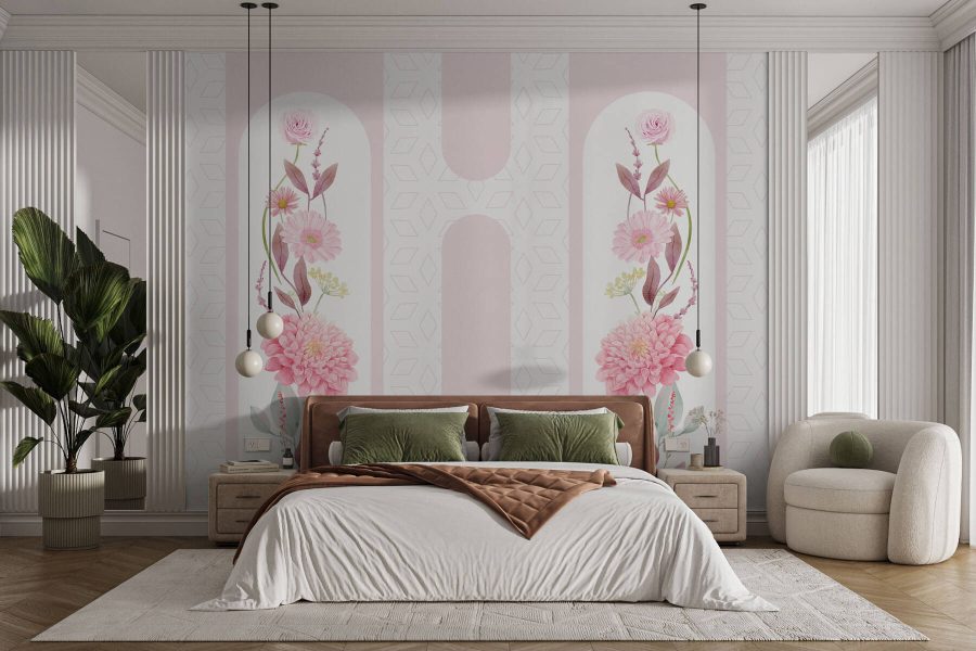 Pink flowers and leaves on a white background
