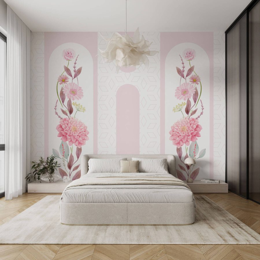 Pink flowers and leaves on a white background