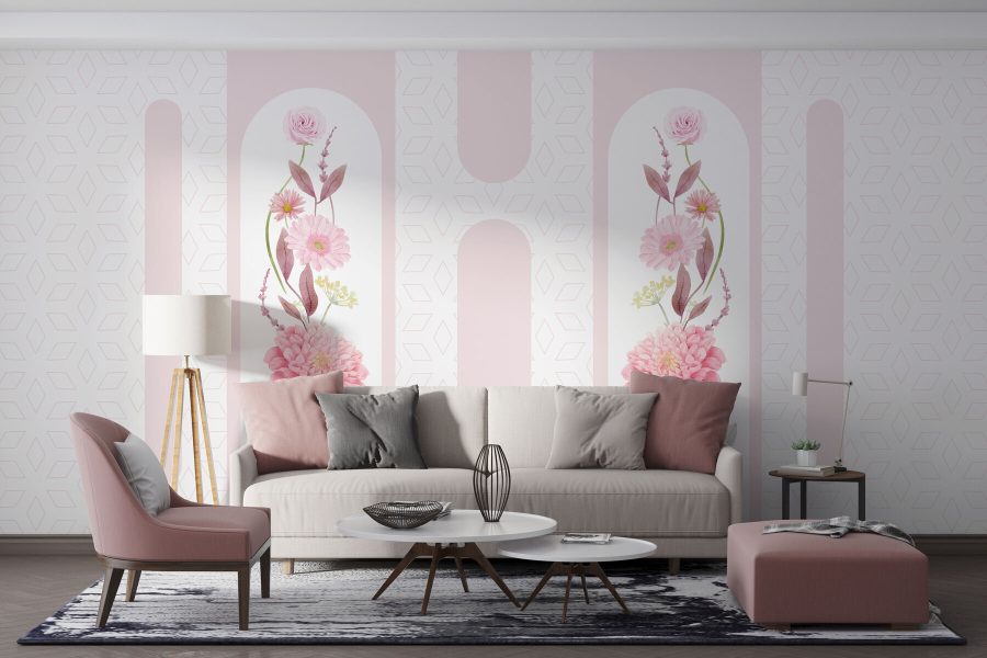 Pink flowers and leaves on a white background