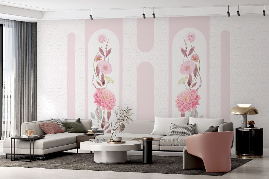 Pink flowers and leaves on a white background