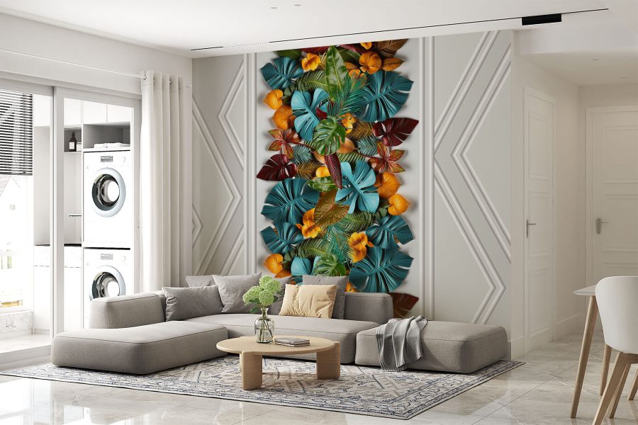 White door with colorful leaves