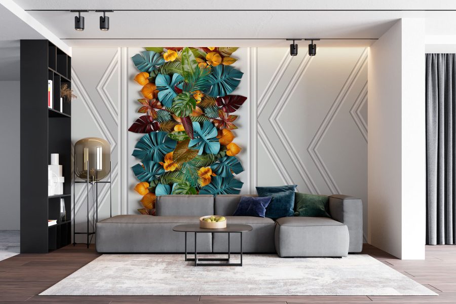 White door with colorful leaves