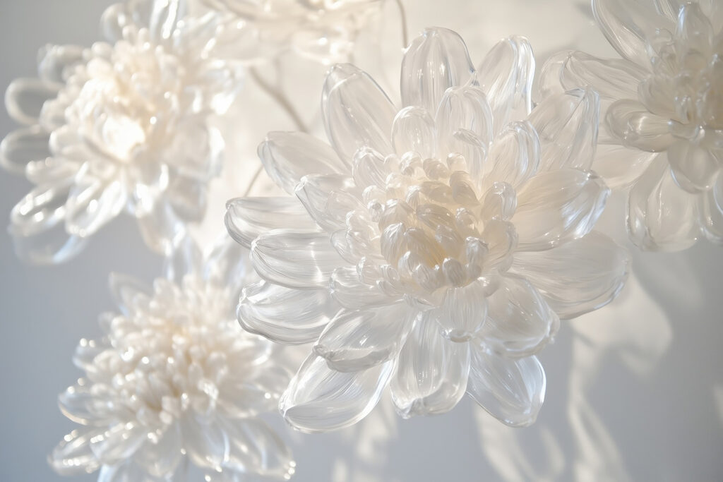 Delicate glass floral sculptures displayed. Delicate glass floral sculptures displayed.