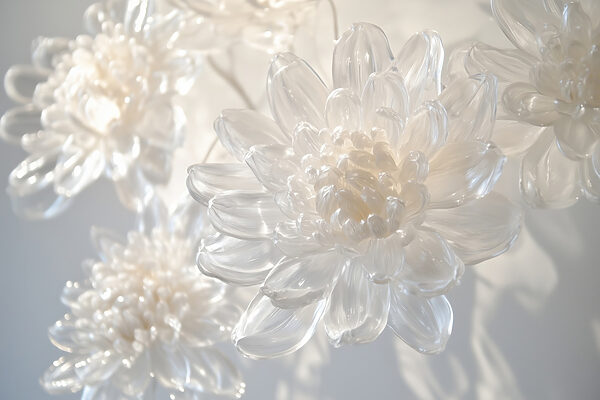 Delicate glass floral sculptures displayed. Delicate glass floral sculptures displayed.