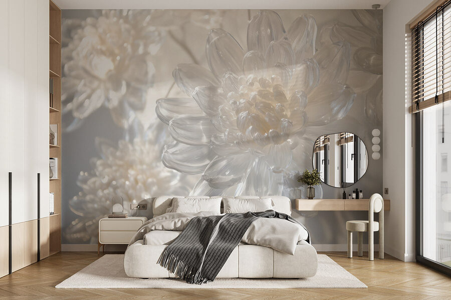 Delicate glass floral sculptures displayed.